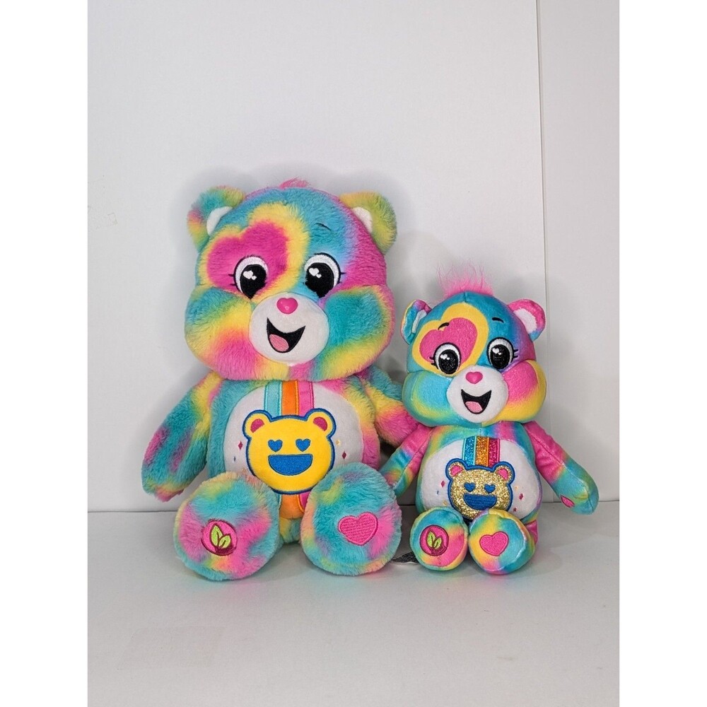 Care Bears Ser Of 2 Good Vibes 10" & 15" Rainbow Glitter Teddy Plush Toy Doll